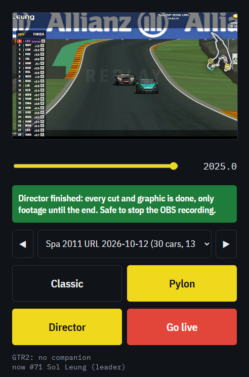 The phone remote: preview, replay slider, a green Director finished message, race picker, Classic and Pylon buttons, Director and Go live
