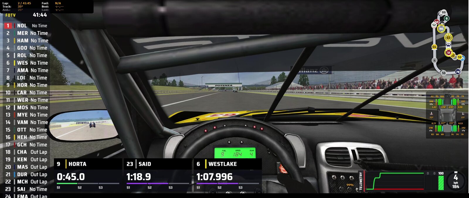 Qualifying at Indianapolis: the modern timing tower with 24 rows, and three lap cards for Horta, Said and Westlake with their sector colours, two of them with a purple first sector